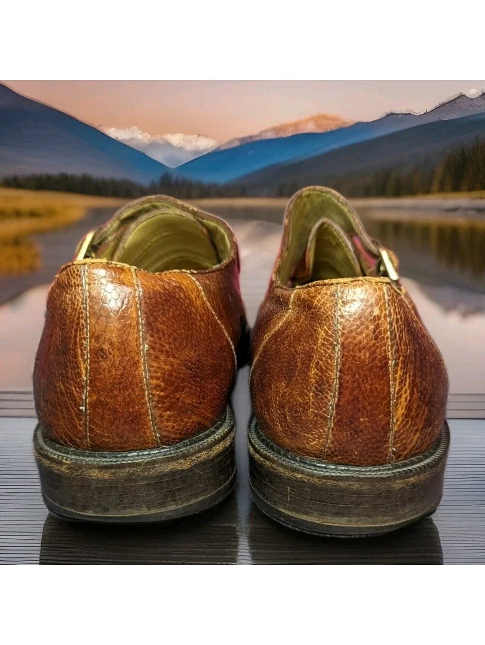 BELVEDERE Exotic Genuine Ostrich Leg Monkstrap Dress Shoes Mens 10.5 Camel Brown